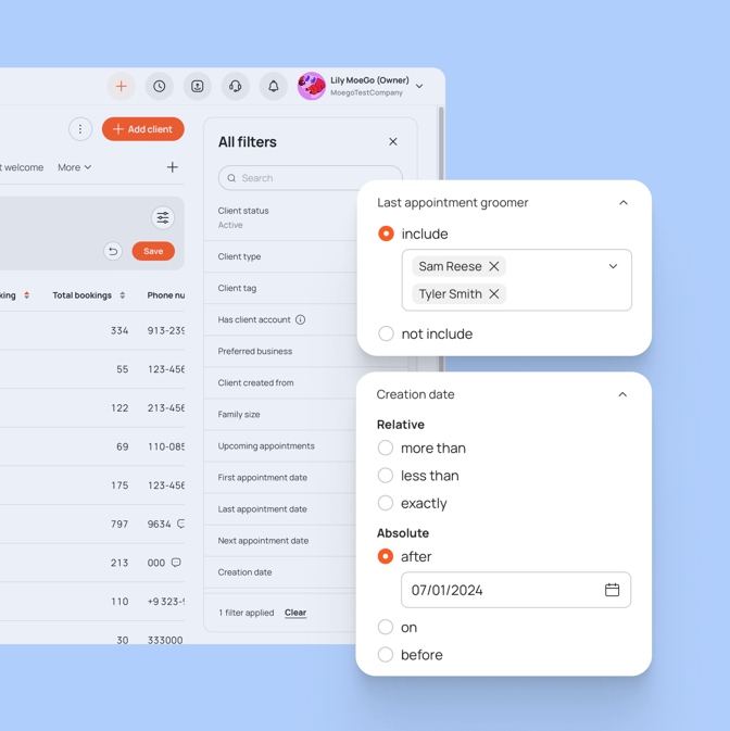 New client filter fields