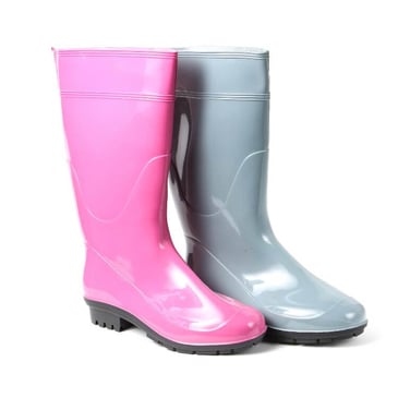 pink and gray rain boots