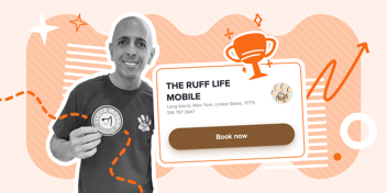 Chris from the ruff life holding MoeGos logo near a CTA button that says book now