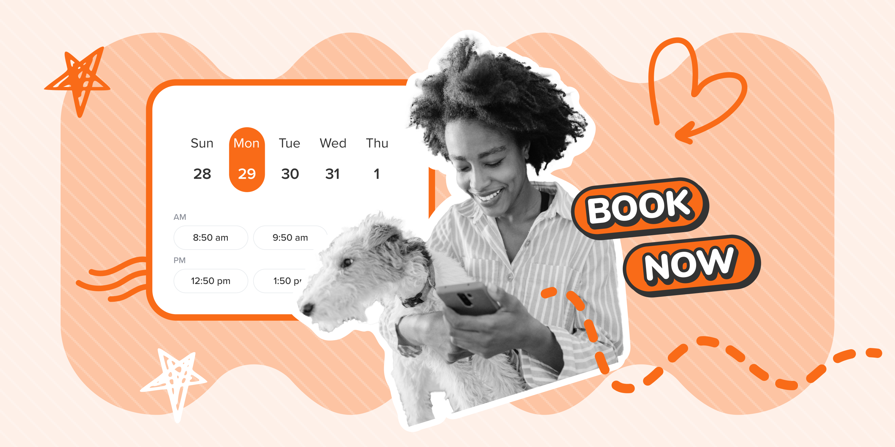 woman holding a dog and her phone in front of an online booking calendar