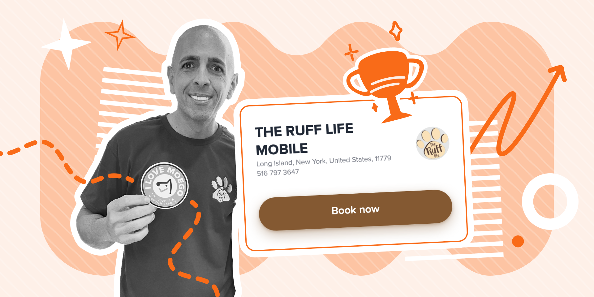 Chris from the ruff life holding MoeGos logo near a CTA button that says book now